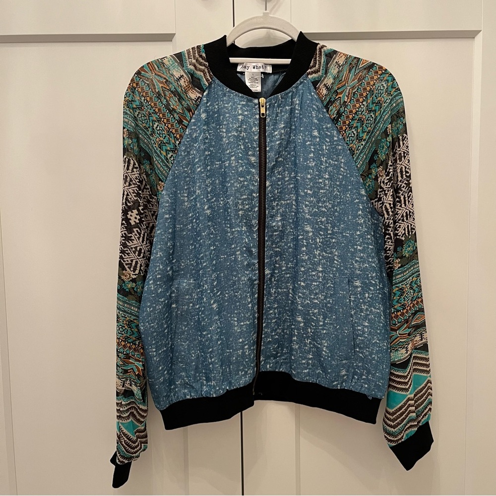 Blue Bomber Lightweight Jacket w/ Sheer Patterned Sleeves - Size Large - Picture 1 of 6